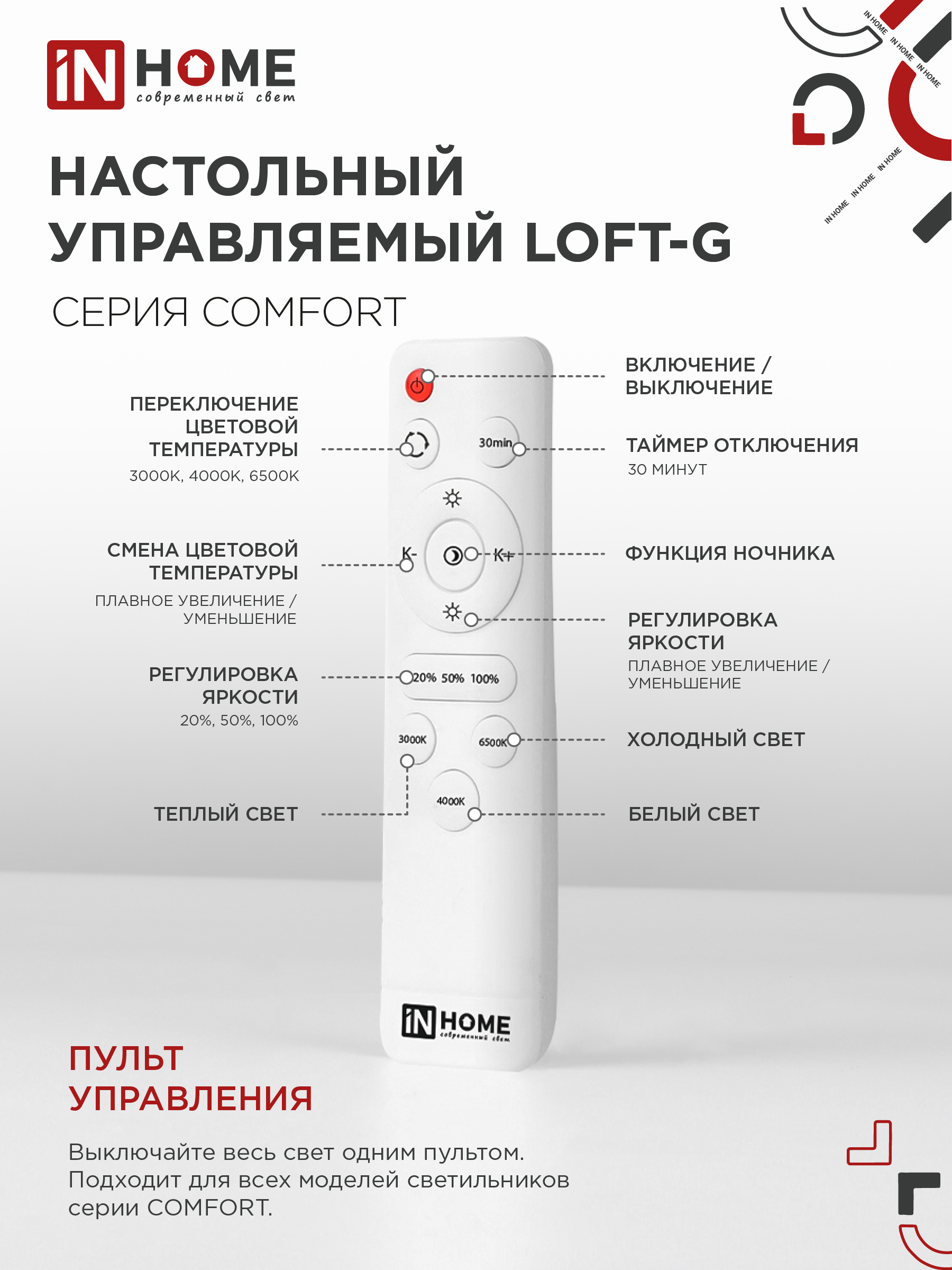 Светильник светодиодный COMFORT LOFT-G 120Вт 230В 3000-6500K 9600Лм 500x100мм с пультом ДУ IN HOME в Иркутске