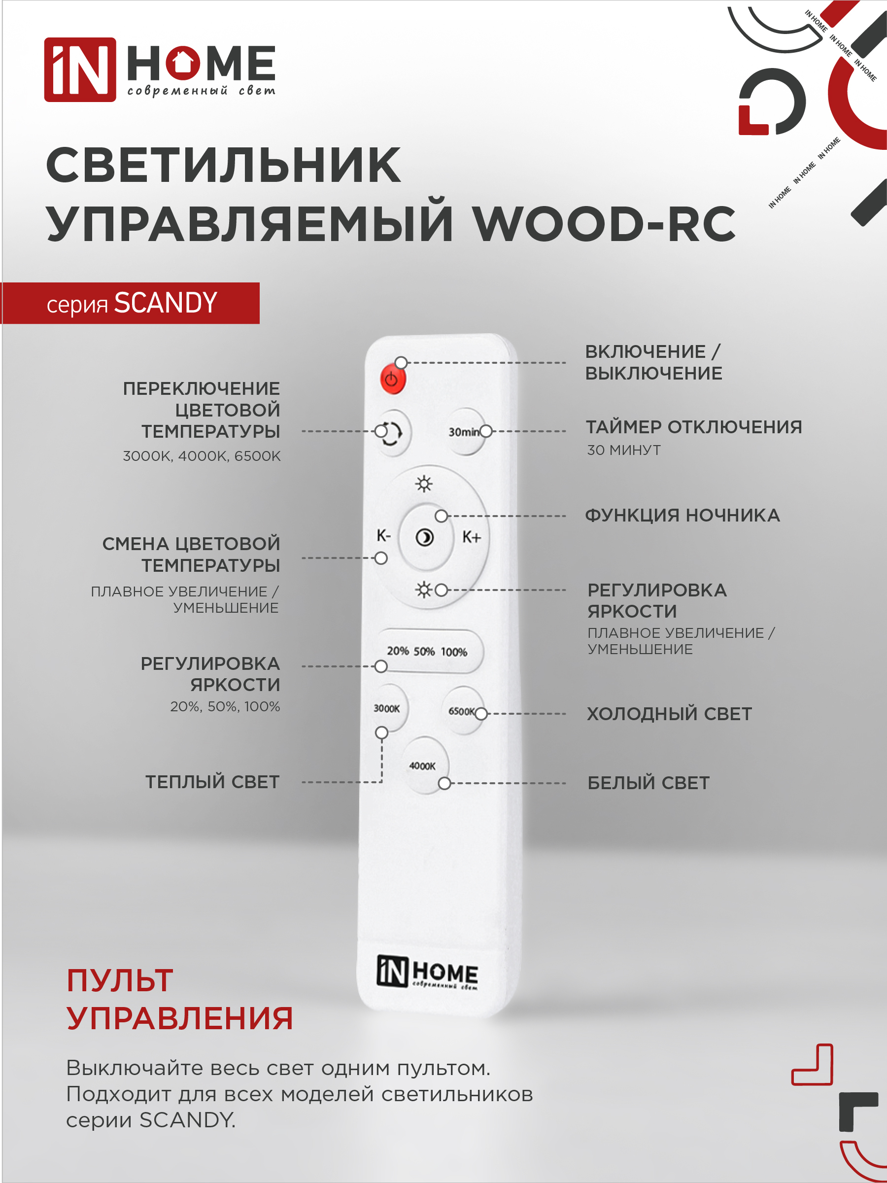 Светильник светодиодный SCANDY WOOD-120RCW 120Вт 230В 3000-6500K 9600Лм 500x50мм с пультом ДУ белый IN HOME в Иркутске