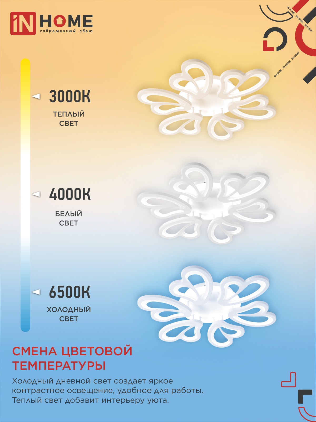 Светильник светодиодный ELEGANT IRIS 120Вт 230В 3000-6500K 607х535х85мм c пультом ДУ белый IN HOME в Иркутске