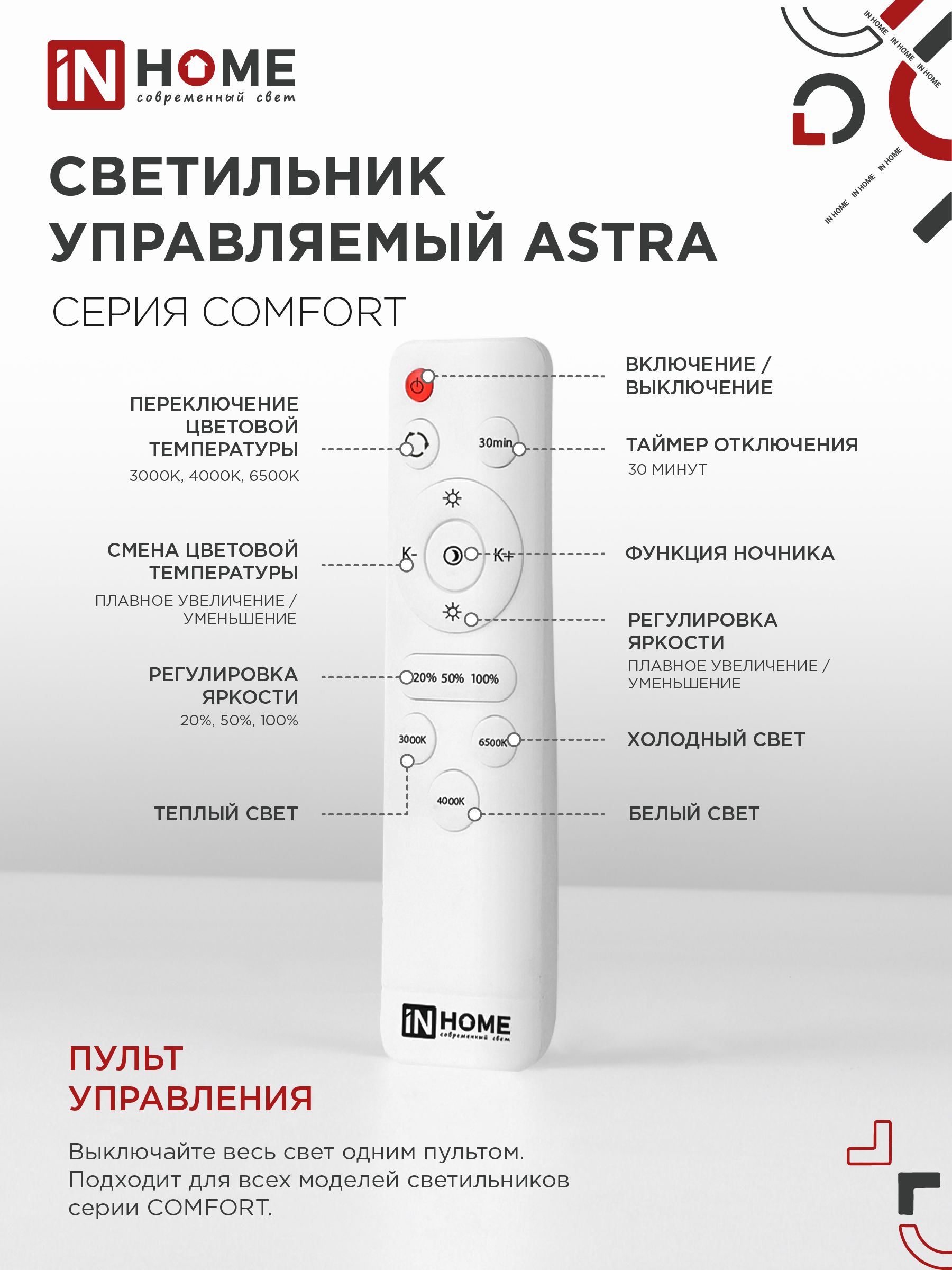 Светильник светодиодный COMFORT ASTRA 120Вт 230В 3000-6500K 9600Лм 500x100мм с пультом ДУ IN HOME в Иркутске