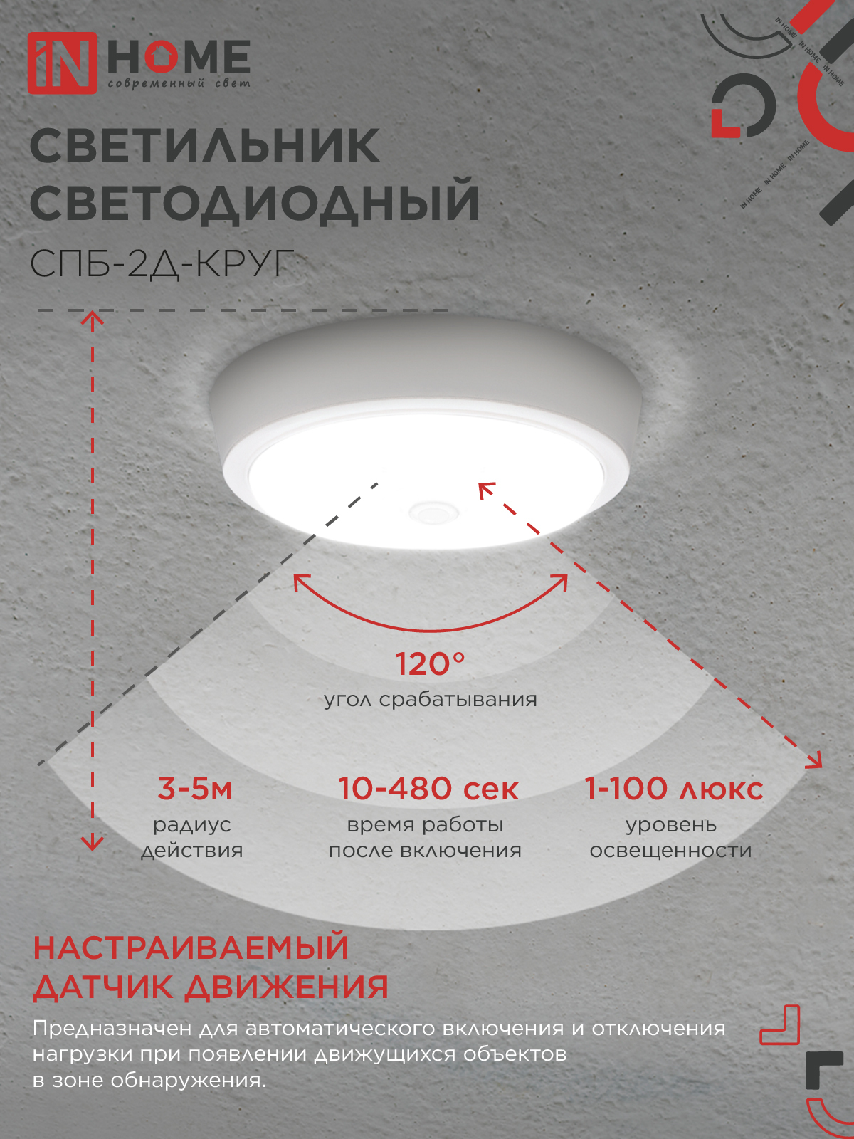 Светильник светодиодный СПБ-2Д-КРУГ 14Вт 230В 4000К 1100Лм 210мм с настраиваемым датчиком белый IN HOME в Иркутске