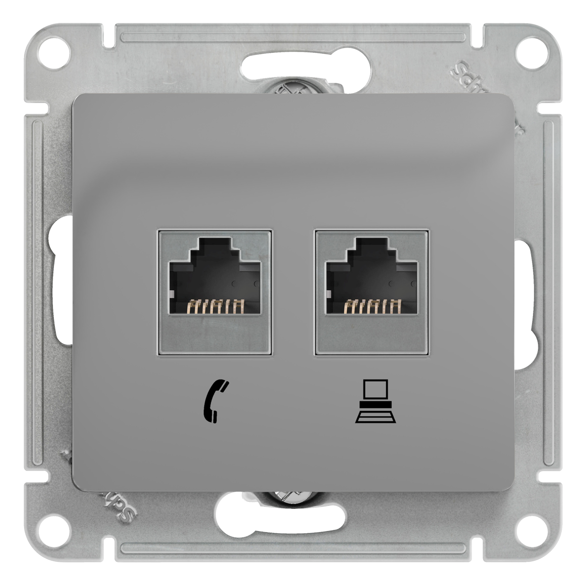 Розетка двойная телефонная компьютерная RJ11+RJ45 Glossa SE алюминий в Иркутске