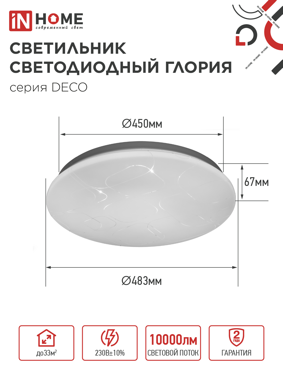 Светильник светодиодный серии DECO ГЛОРИЯ 95Вт 230В 6500К 10000Лм 483х67мм IN HOME в Иркутске