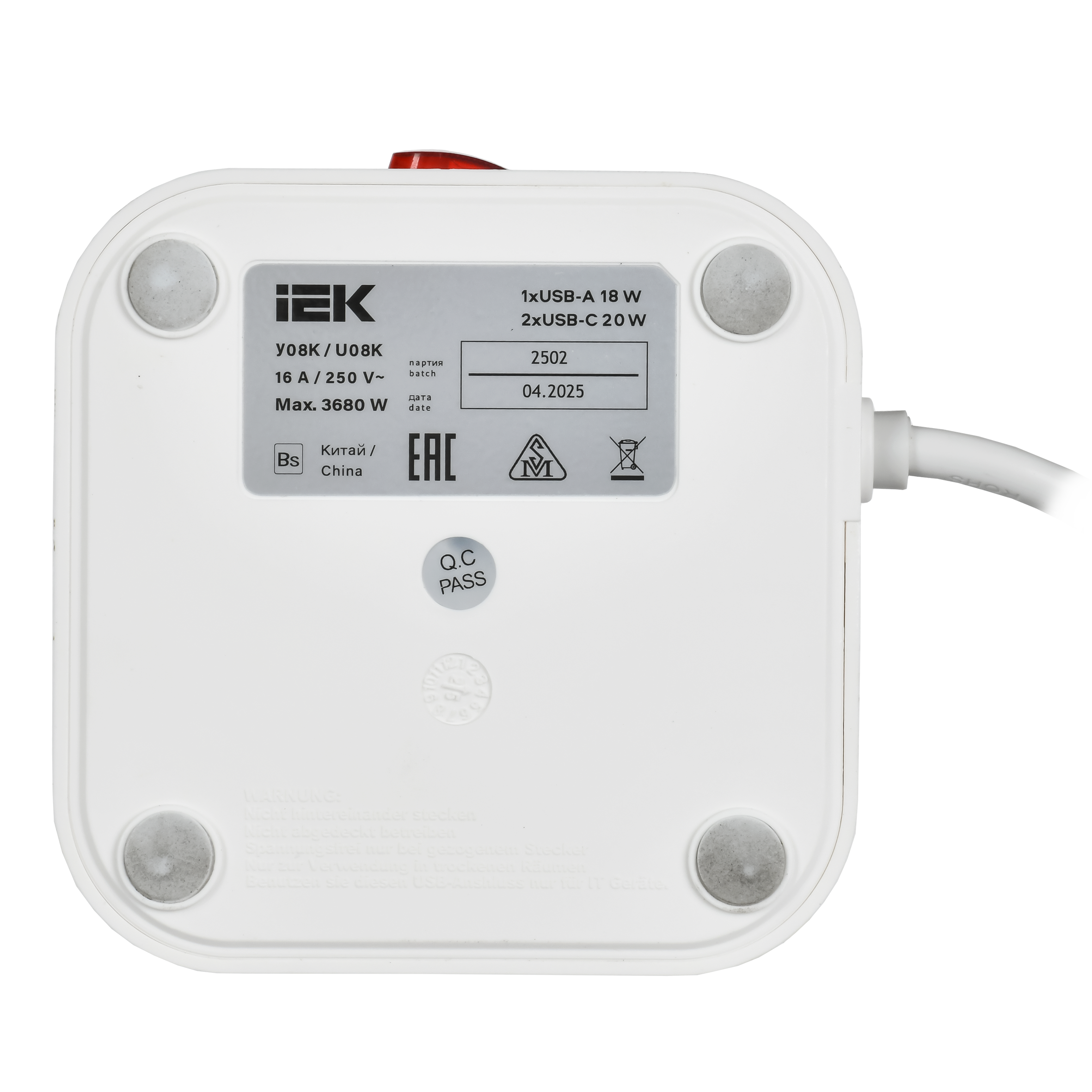 Удлинитель DOMINIC У08K 1,5м 3х1мм2 USB A+C 20Вт белый IEK в Иркутске