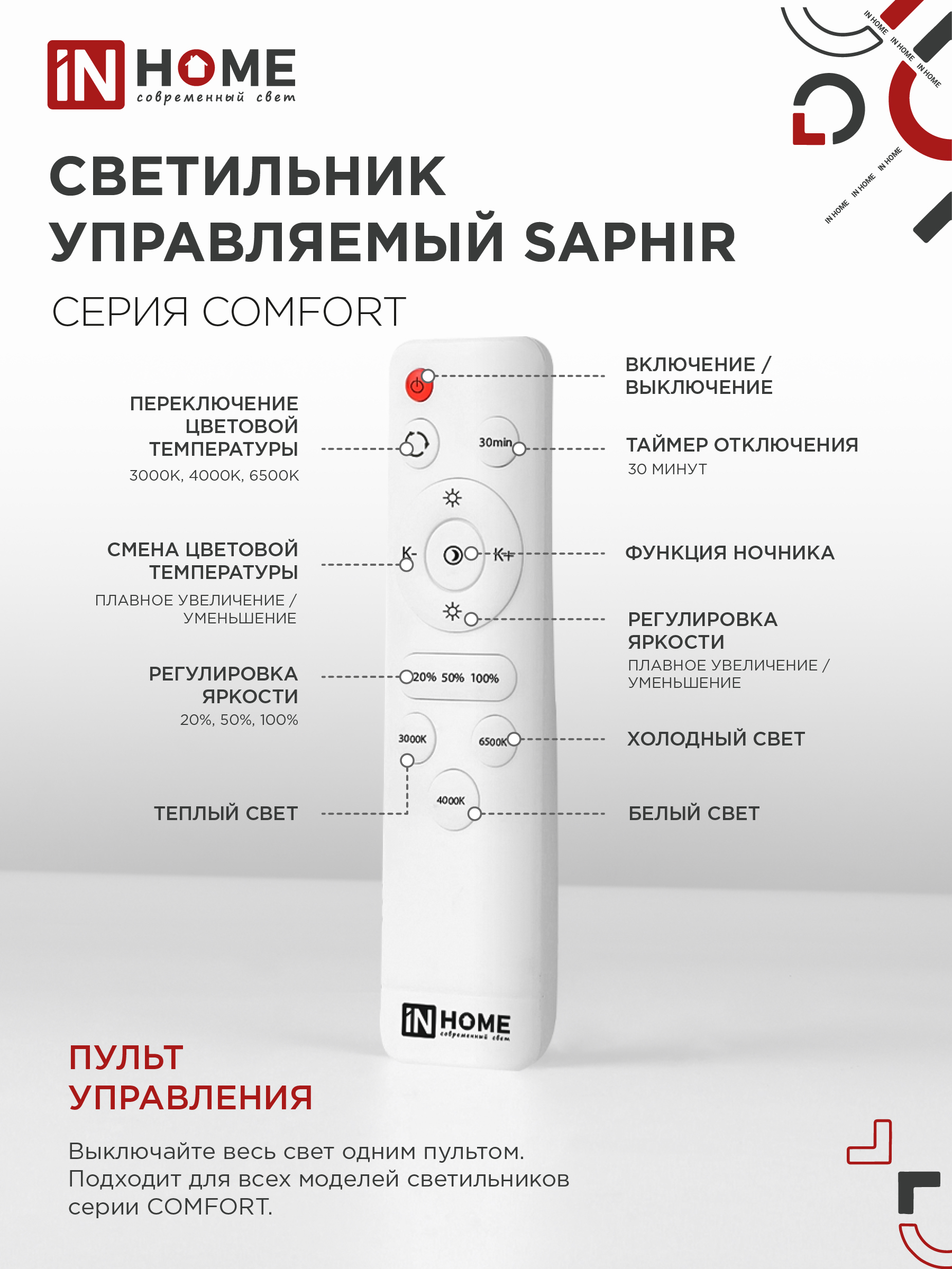 Светильник светодиодный COMFORT SAPHIR 120Вт 230В 3000-6500K 9600Лм 490x115мм с пультом ДУ IN HOME в Иркутске