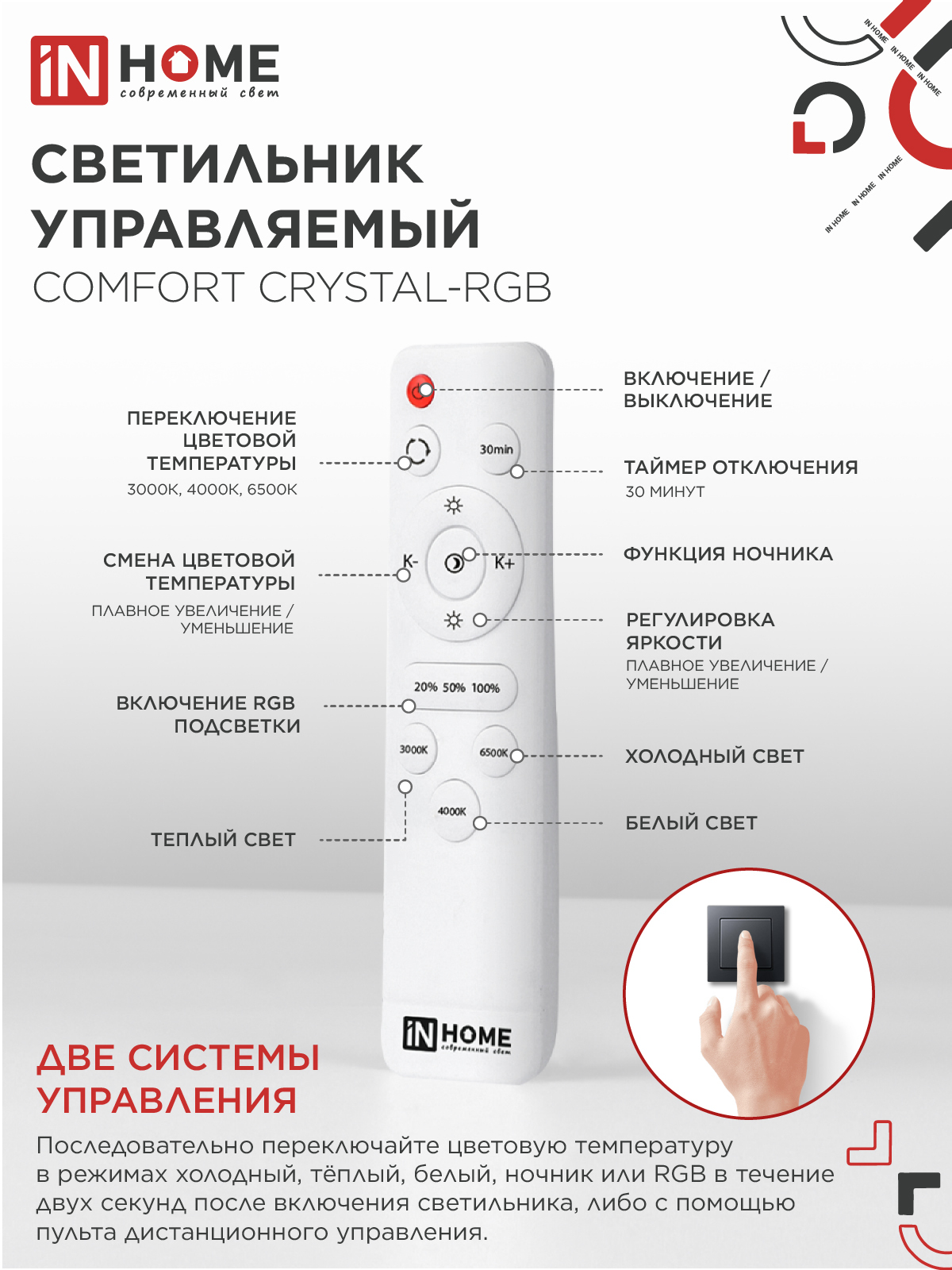Светильник светодиодный COMFORT CRYSTAL-RGB 125Вт 230В 3000-6500K 10000Лм 500x115мм с пультом ДУ IN HOME в Иркутске
