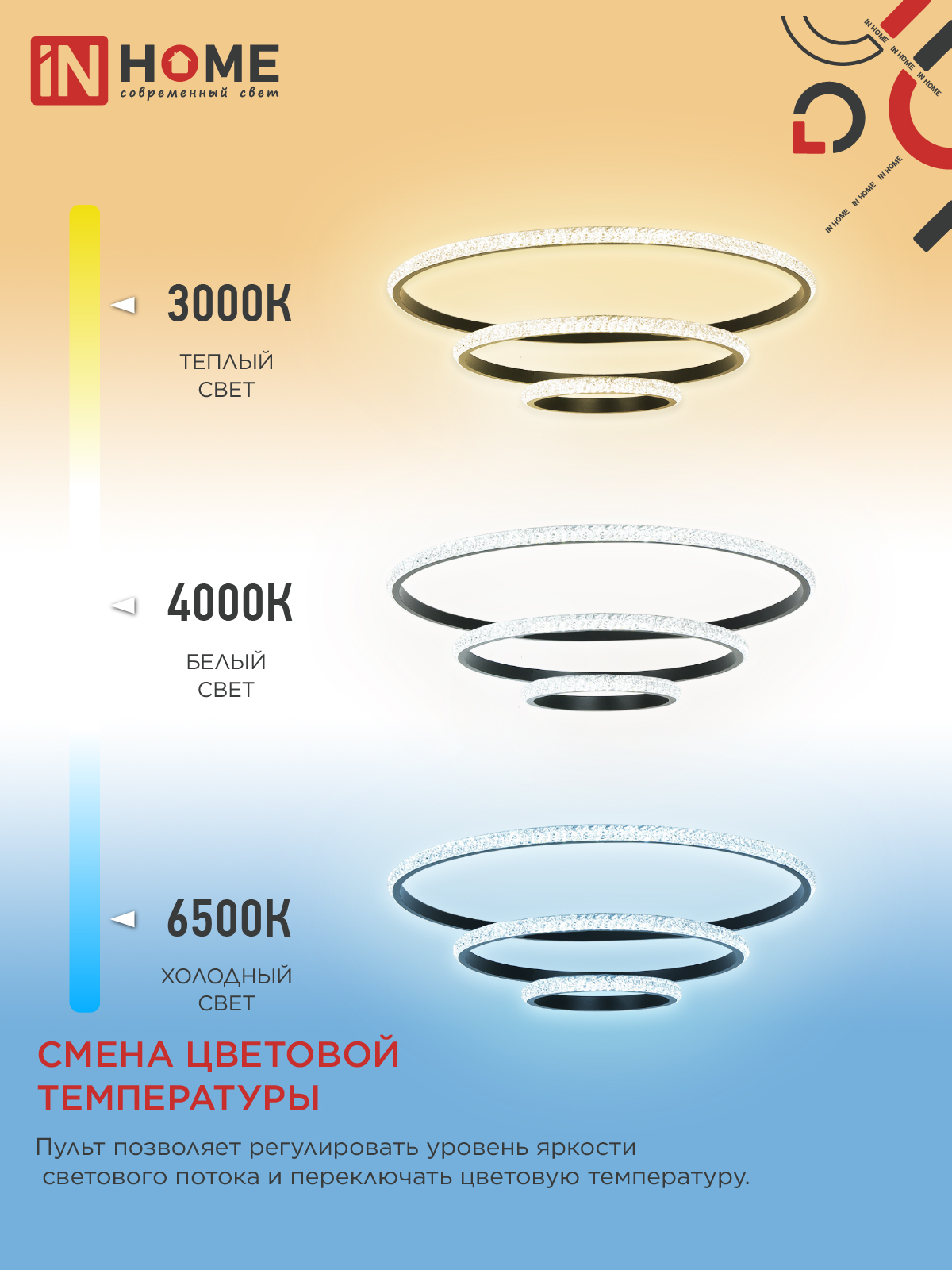 Светильник светодиодный ESTETIKA RING-MYSTERY-140RC-3BL 140Вт 3000-6500K 600/400/200 1.2м пульт ДУ черный IN HOME в Иркутске