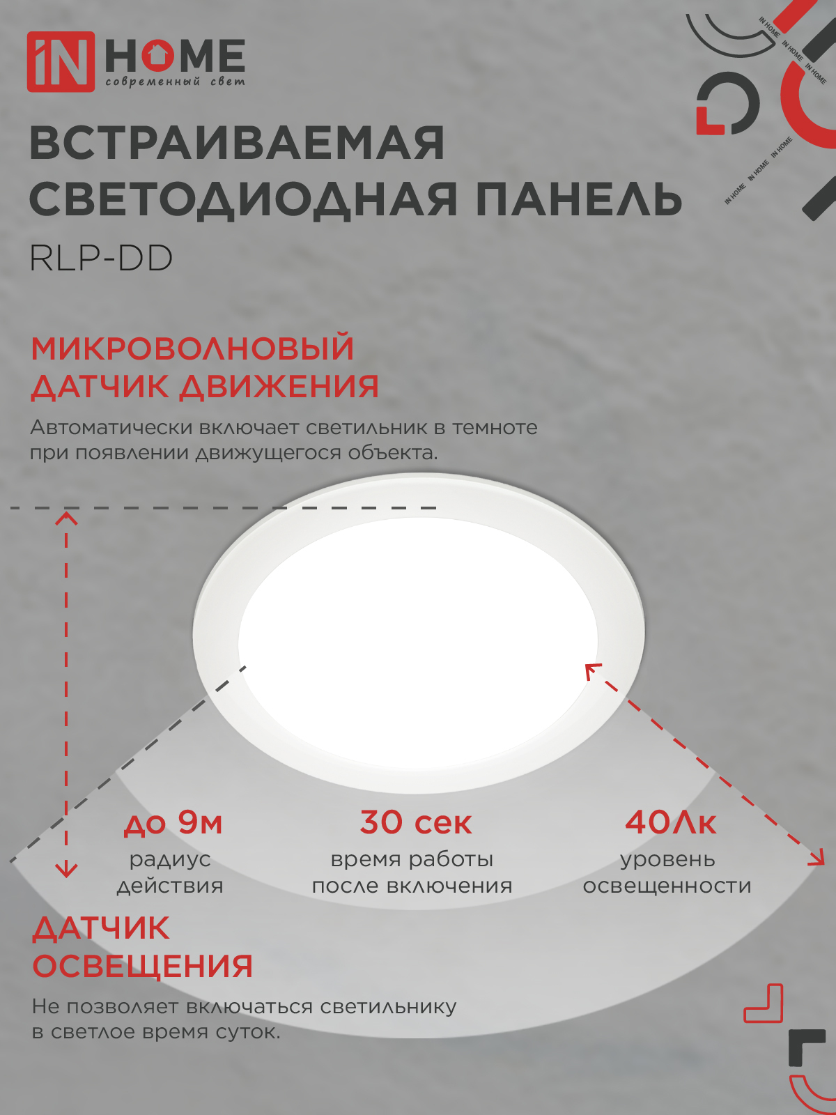 Панель светодиодная встраиваемая круглая RLP-DD 18Вт 230В 4000К 1440Лм 177мм, датчик движения, белая IP40 IN HOME в Иркутске