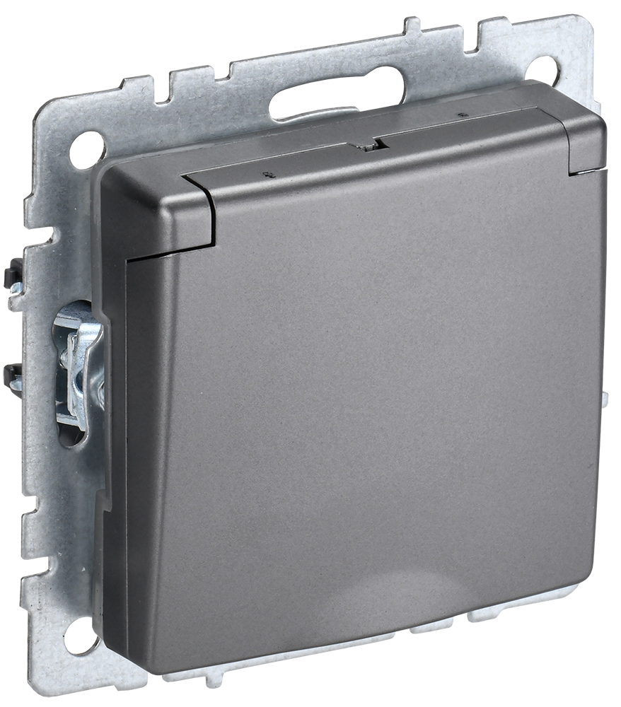 Розетка одинарная с з/к со шторками с крышкой 16А IP44 BRITE IEK сталь в Иркутске