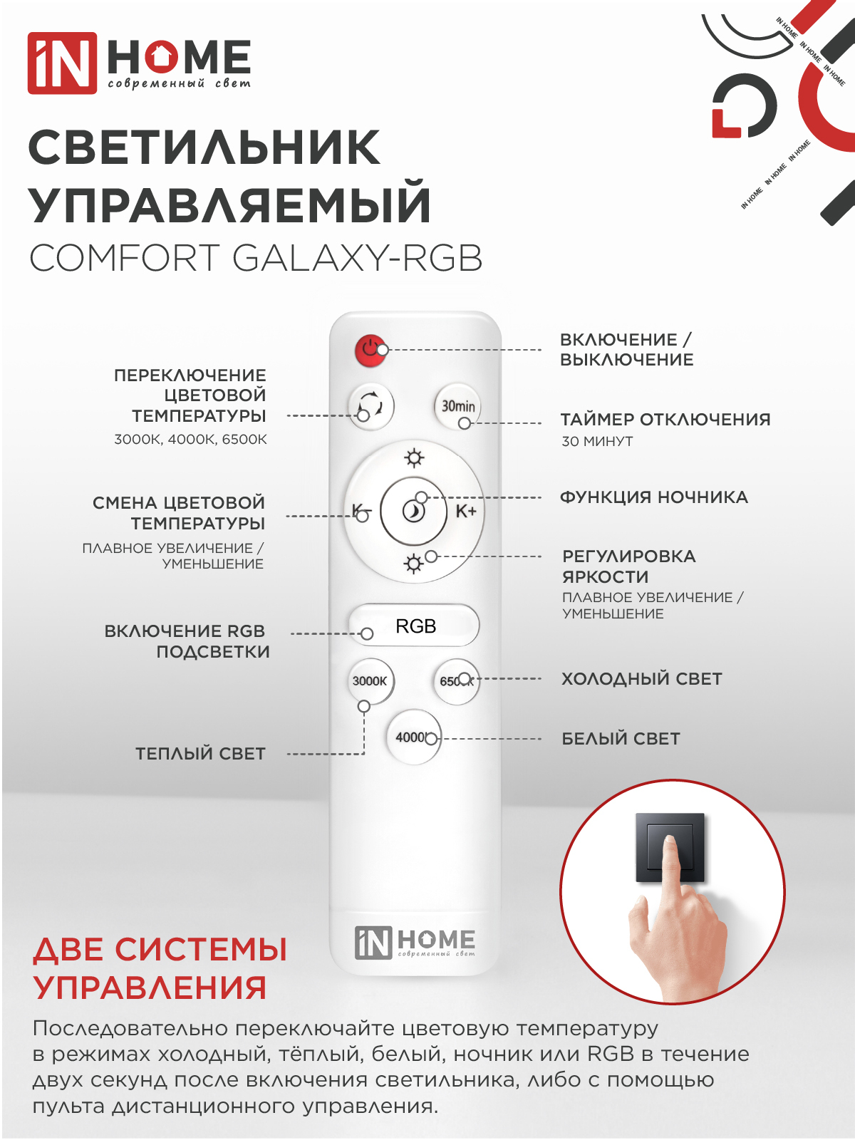 Светильник светодиодный COMFORT GALAXY-RGB 125Вт 230В 3000-6500K 10000Лм 565x80мм с пультом ДУ IN HOME в Иркутске