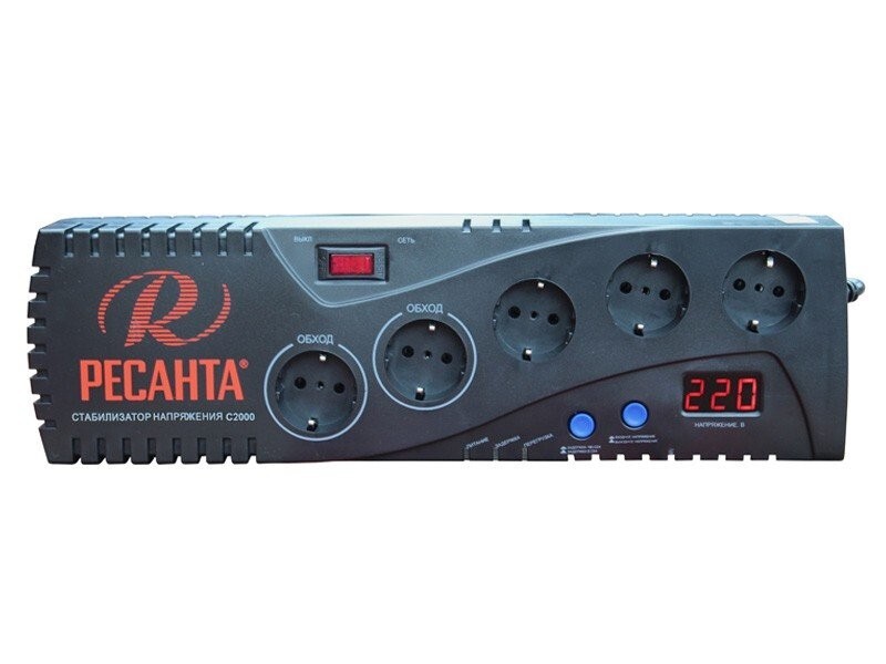 Стабилизатор С2000 Ресанта (сетевой фильтр, 5 розеток, 2 прямые, дисплей) в Иркутске