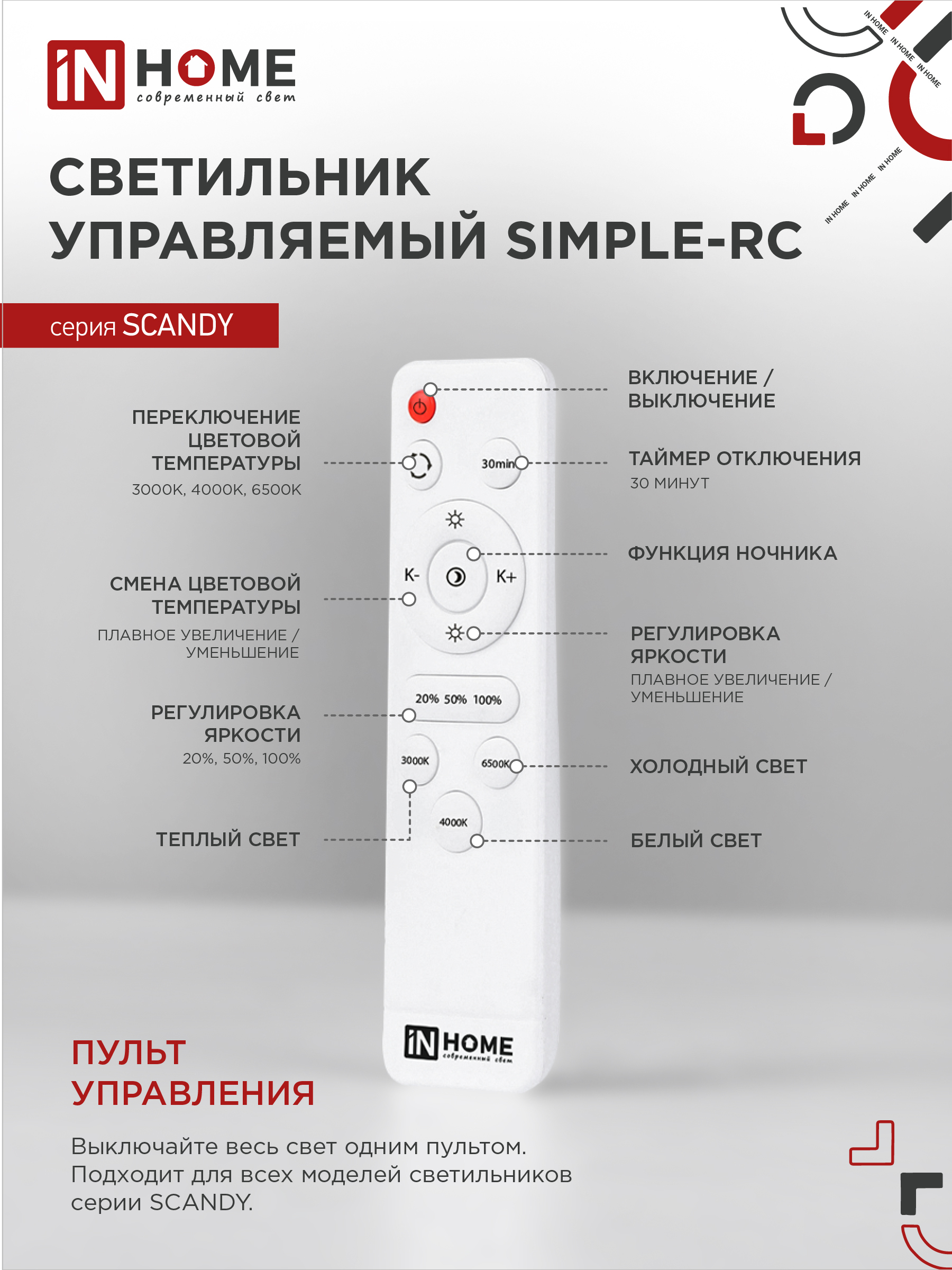 Светильник светодиодный SCANDY SIMPLE-120RCW 120Вт 230В 3000-6500K 9600Лм 500x50мм с пультом ДУ белый IN HOME в Иркутске