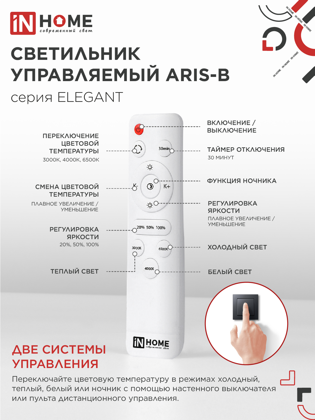 Светильник светодиодный ELEGANT ARIS-B 60Вт 230В 3000-6500K 4700Лм 450х450х75мм c пультом ДУ черный IN HOME в Иркутске