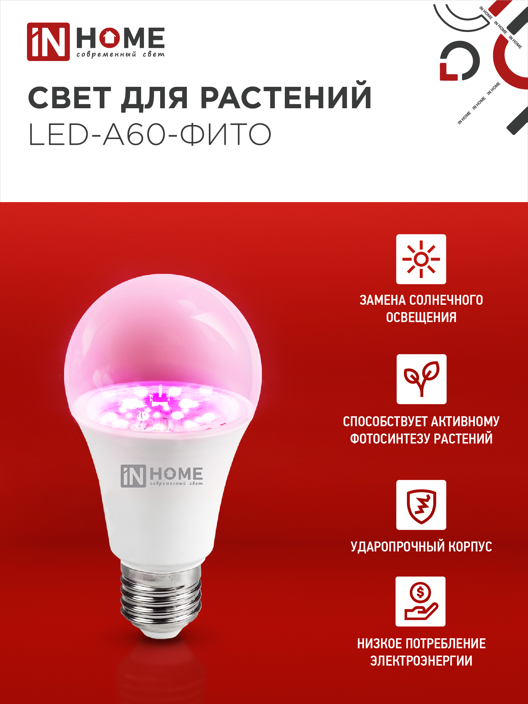 Лампа светодиодная LED-A60 STD-ФИТО красно-синий спектр 15Вт 230В Е27 IN HOME в Иркутске