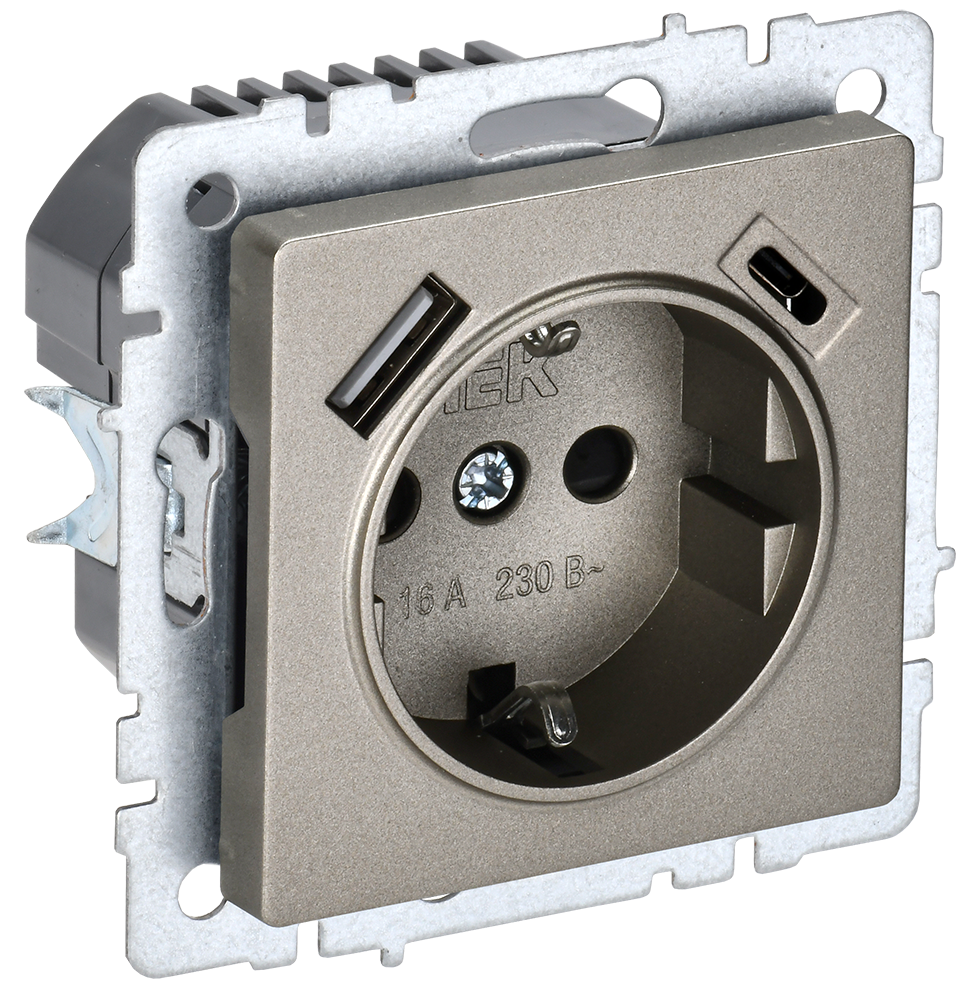 Розетка одинарная с з/к со шторками 16А с USB A+C 18Вт BRITE IEK шампань в Иркутске