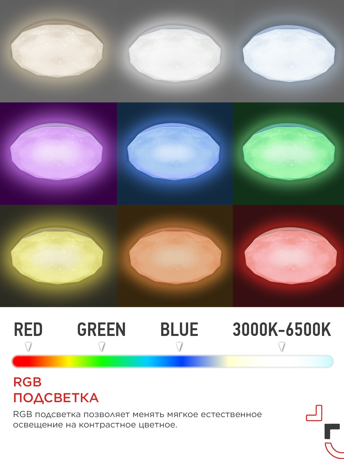 Светильник светодиодный COMFORT DIAMOND-RGB 125Вт 230В 3000-6500K 10000Лм 500x105мм с пультом ДУ IN HOME в Иркутске