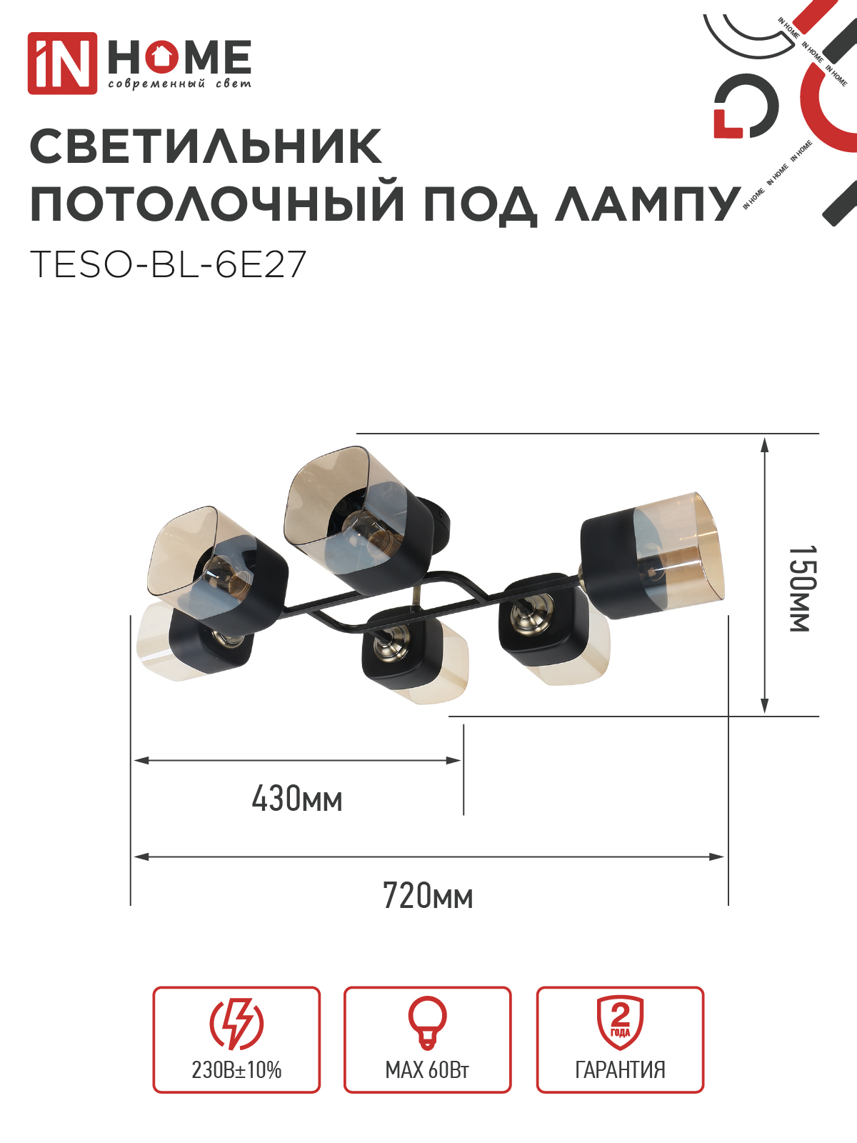 Светильник потолочный под лампу AURA TESO-BL-6E27 720x430x150 черный, золото IN HOME в Иркутске
