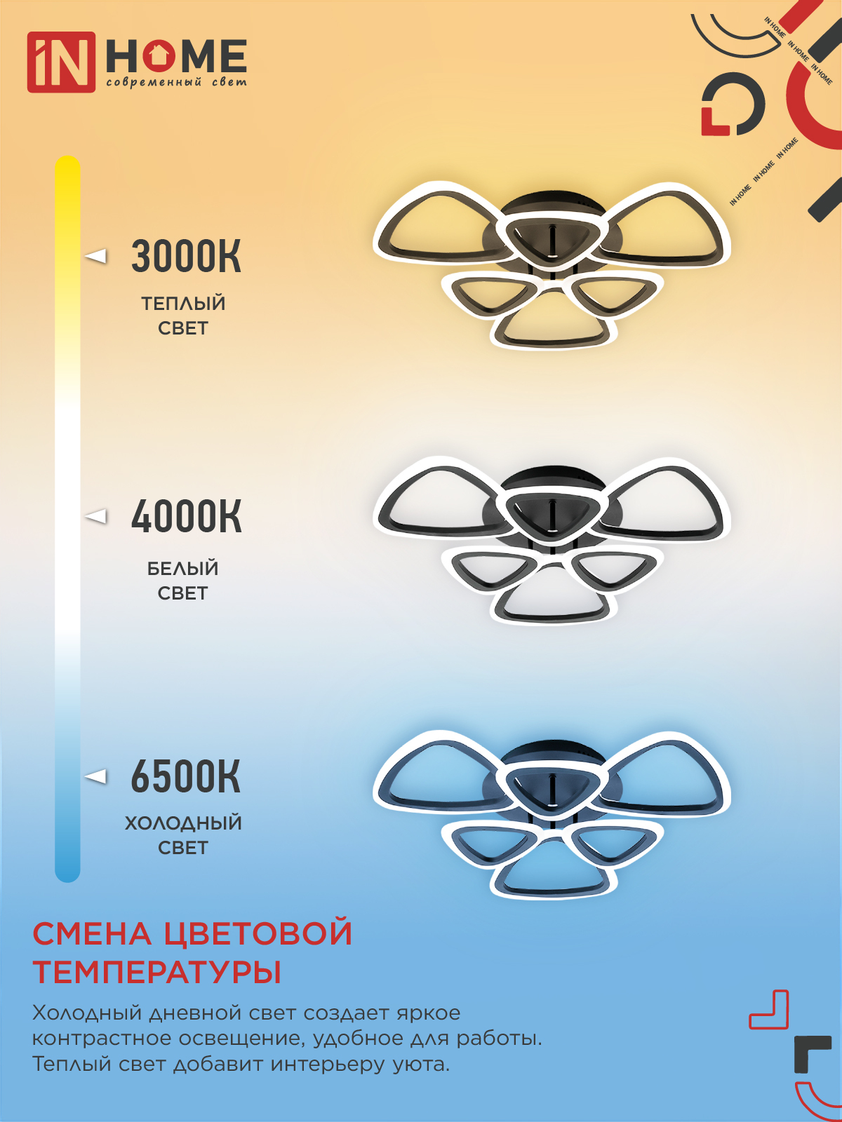Светильник светодиодный ELEGANT SANSA-B 90Вт 230В 3000-6500K 7000Лм 650х650х130мм c пультом ДУ черный IN HOME в Иркутске