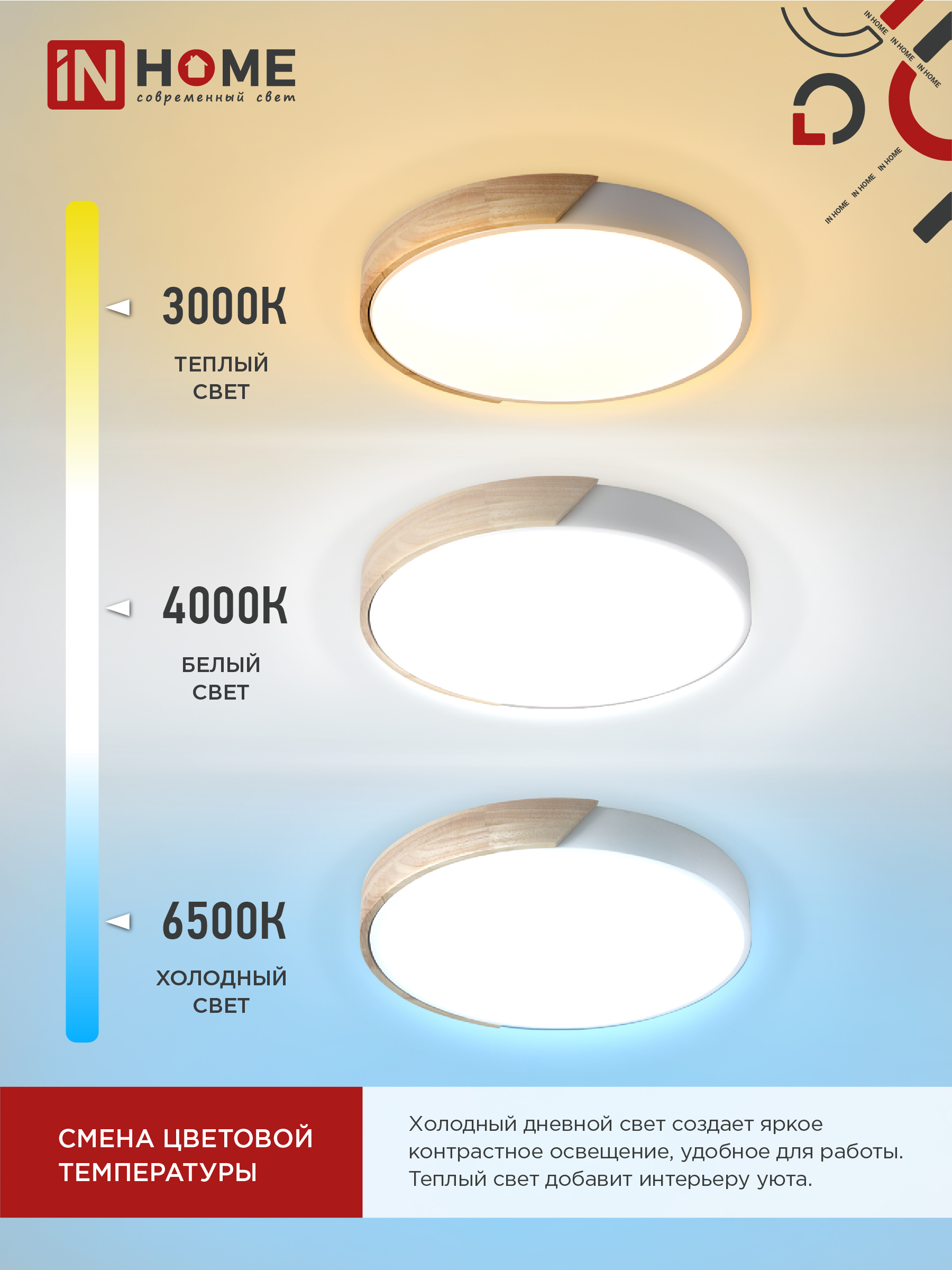 Светильник светодиодный SCANDY WOOD-120RCW 120Вт 230В 3000-6500K 9600Лм 500x50мм с пультом ДУ белый IN HOME в Иркутске
