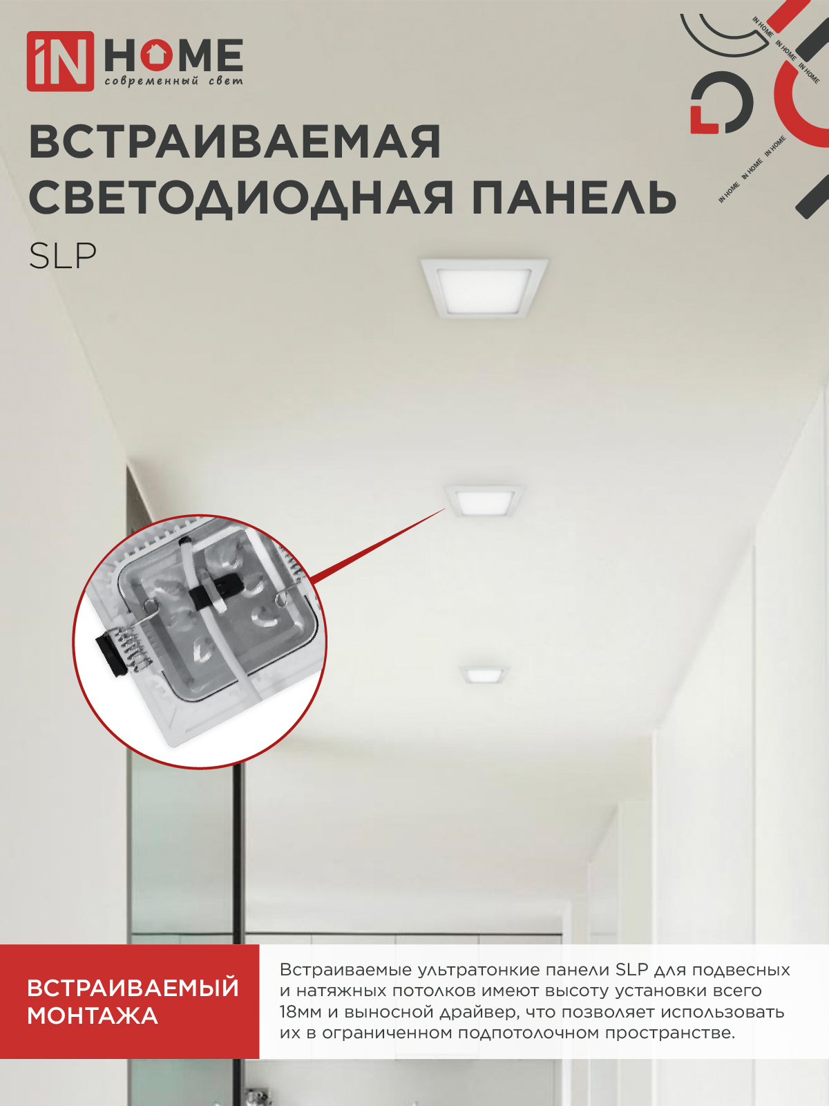 Панель светодиодная встраиваемая квадратная SLP 12Вт 230В 4000К 840Лм 171мм белая IP40 IN HOME в Иркутске