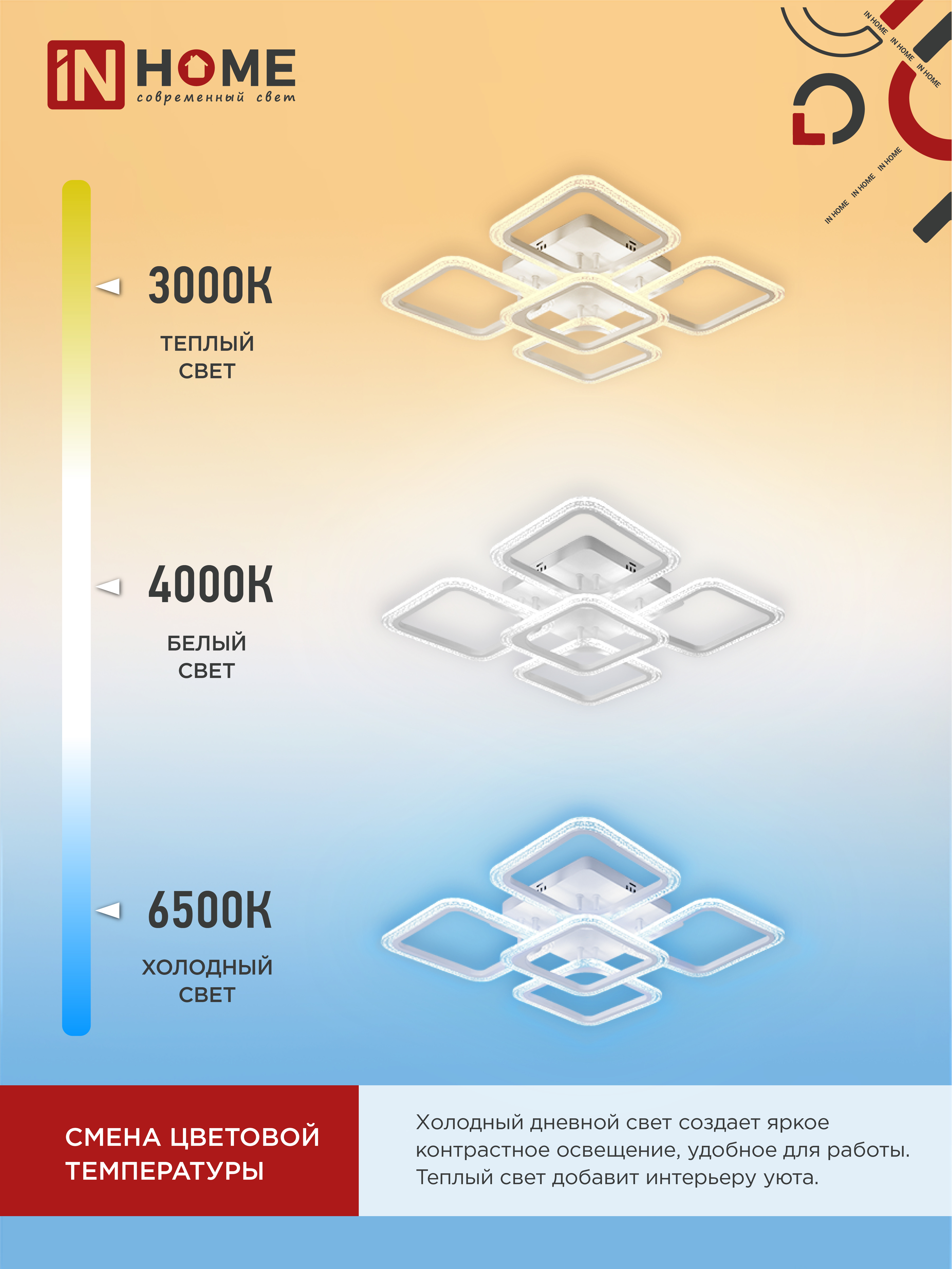 Светильник светодиодный ELEGANT ARIS-W-BG 90Вт 230В 3000-6500K 7000Лм 557х557х115мм пульт ДУ белый IN HOME в Иркутске