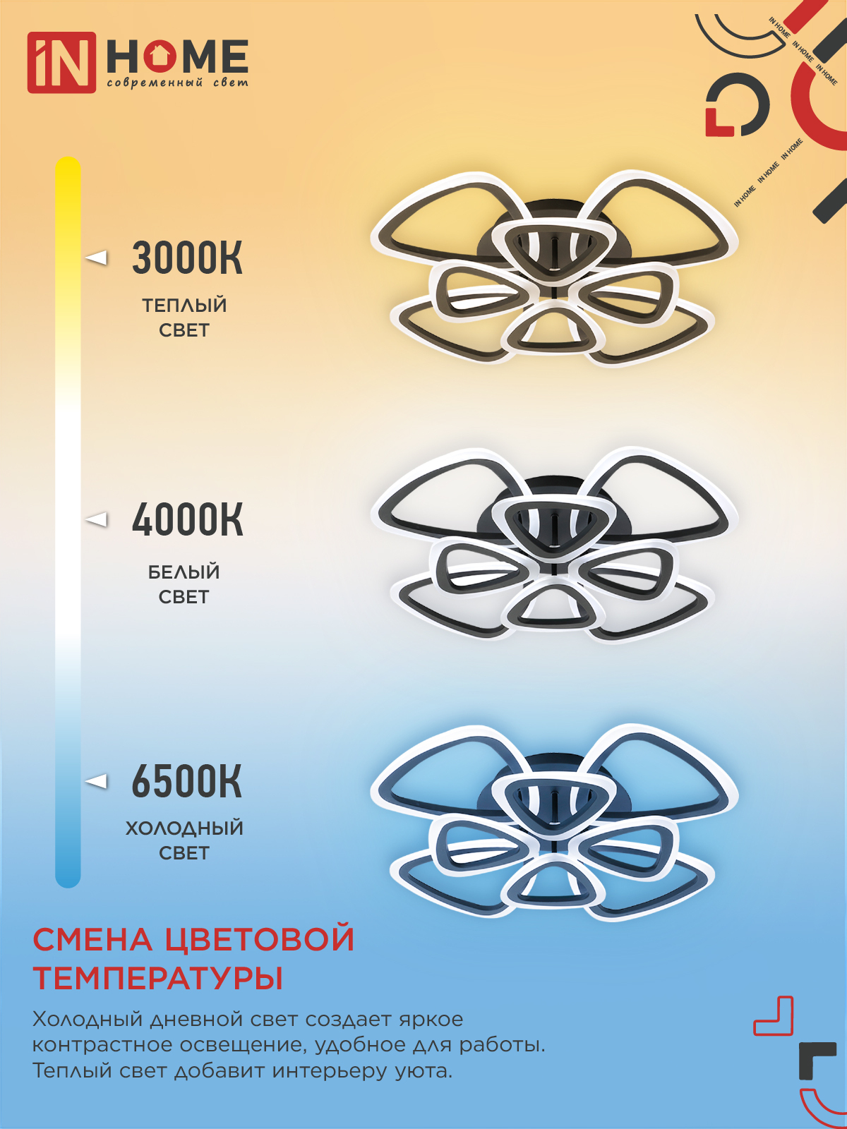 Светильник светодиодный ELEGANT SANSA-B 120Вт 230В 3000-6500K 650х650х130мм c пультом ДУ черный IN HOME в Иркутске