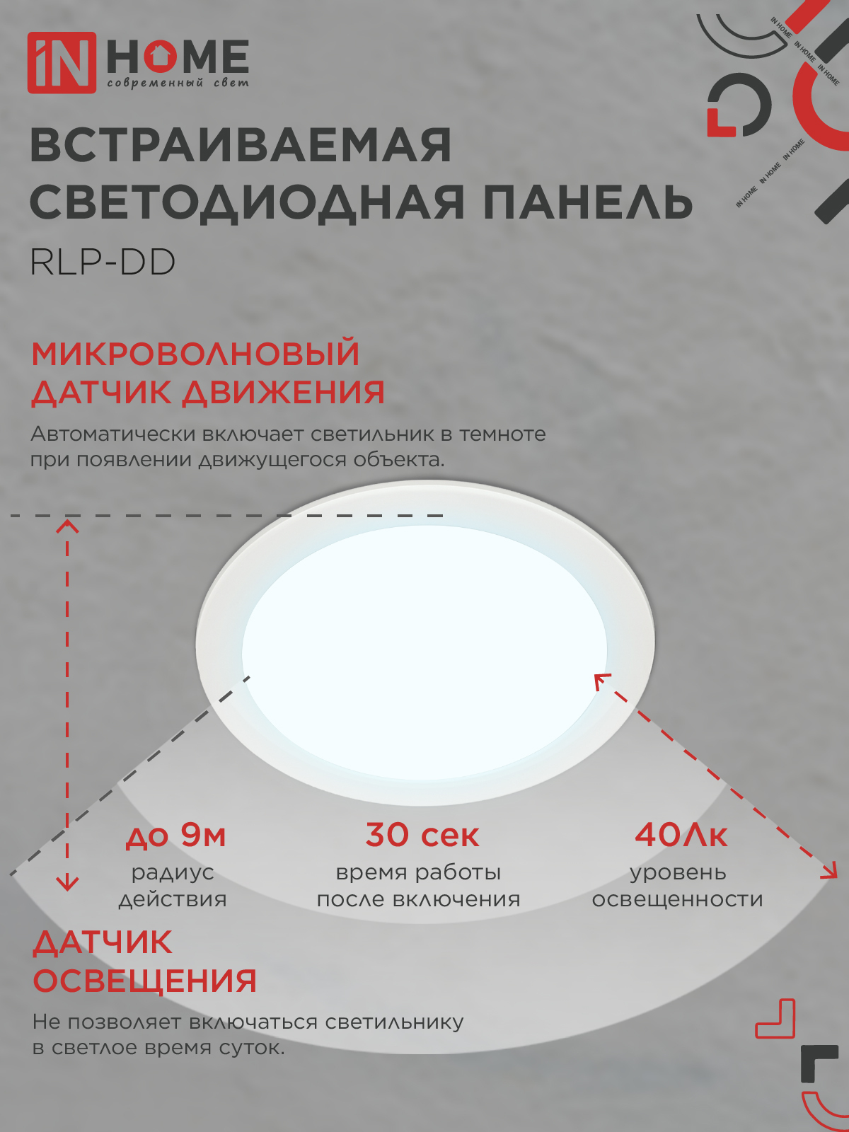 Панель светодиодная встраиваемая круглая RLP-DD 18Вт 230В 6500К 1440Лм 177мм, датчик движения, белая IP40 IN HOME в Иркутске