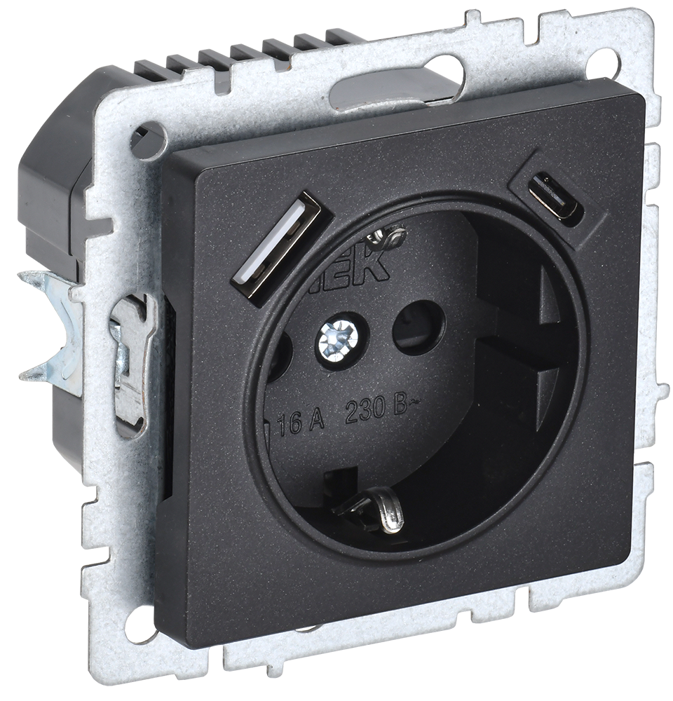 Розетка одинарная с з/к со шторками 16А с USB A+C 18Вт BRITE IEK черная в Иркутске