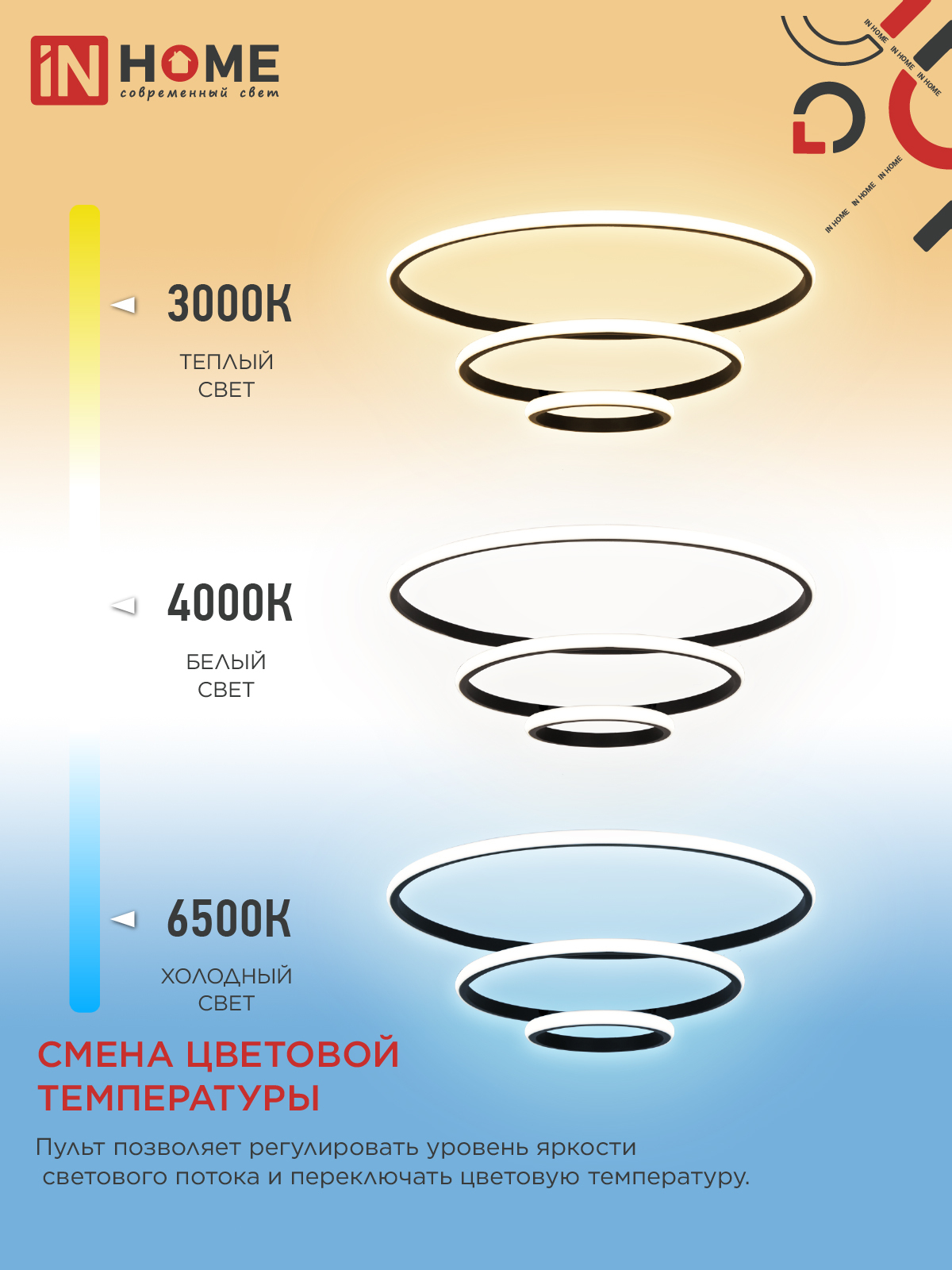 Светильник светодиодный ESTETIKA RING-140RC-3BL 140Вт 230В 3000-6500K 600/400/200 1.2м трос пульт ДУ черный IN HOME в Иркутске