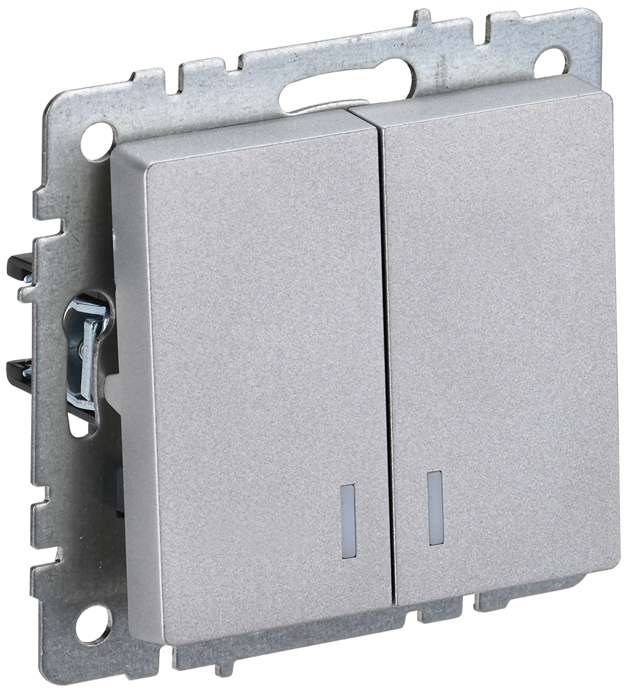 Выключатель двухклавишный с подсветкой 10А BRITE IEK алюминий в Иркутске