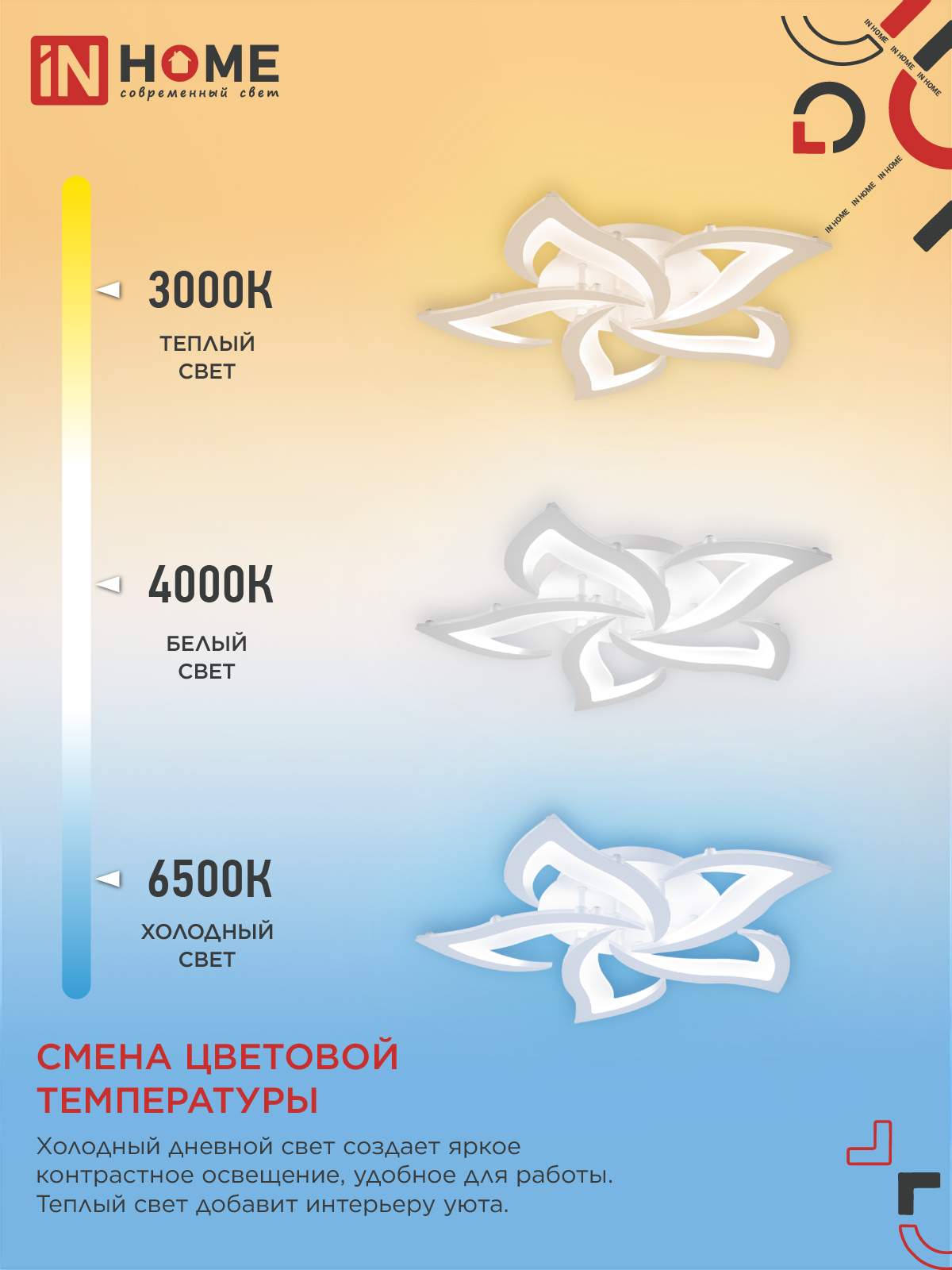 Светильник светодиодный ELEGANT LOTUS 90Вт 230В 3000-6500K 590х570х90мм c пультом ДУ белый IN HOME в Иркутске