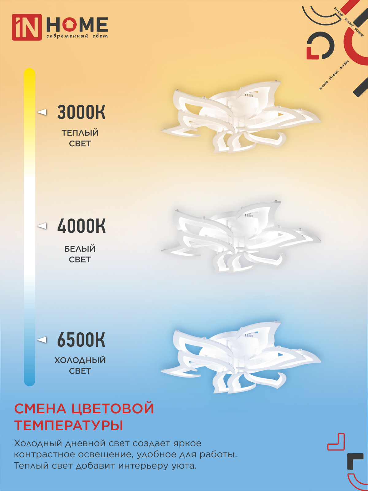 Светильник светодиодный ELEGANT LOTUS 120Вт 230В 3000-6500K 810х700х120мм c пультом ДУ белый IN HOME в Иркутске
