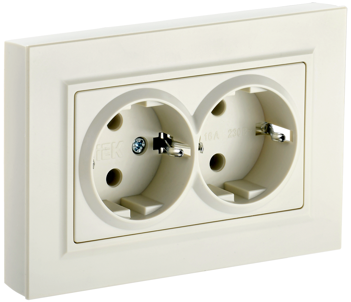 Розетка двойная с з/к со шторками 16А BRITE IEK бежевая в сборе в Иркутске