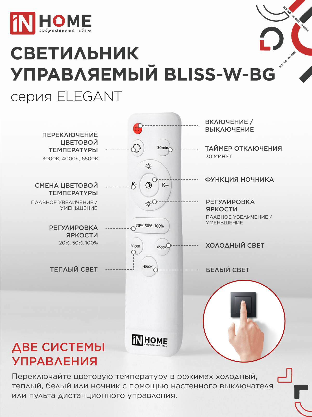 Светильник светодиодный ELEGANT BLISS-W-BG 120Вт 230В 3000-6500K 8400Лм 780х550х130мм пульт ДУ белый IN HOME в Иркутске