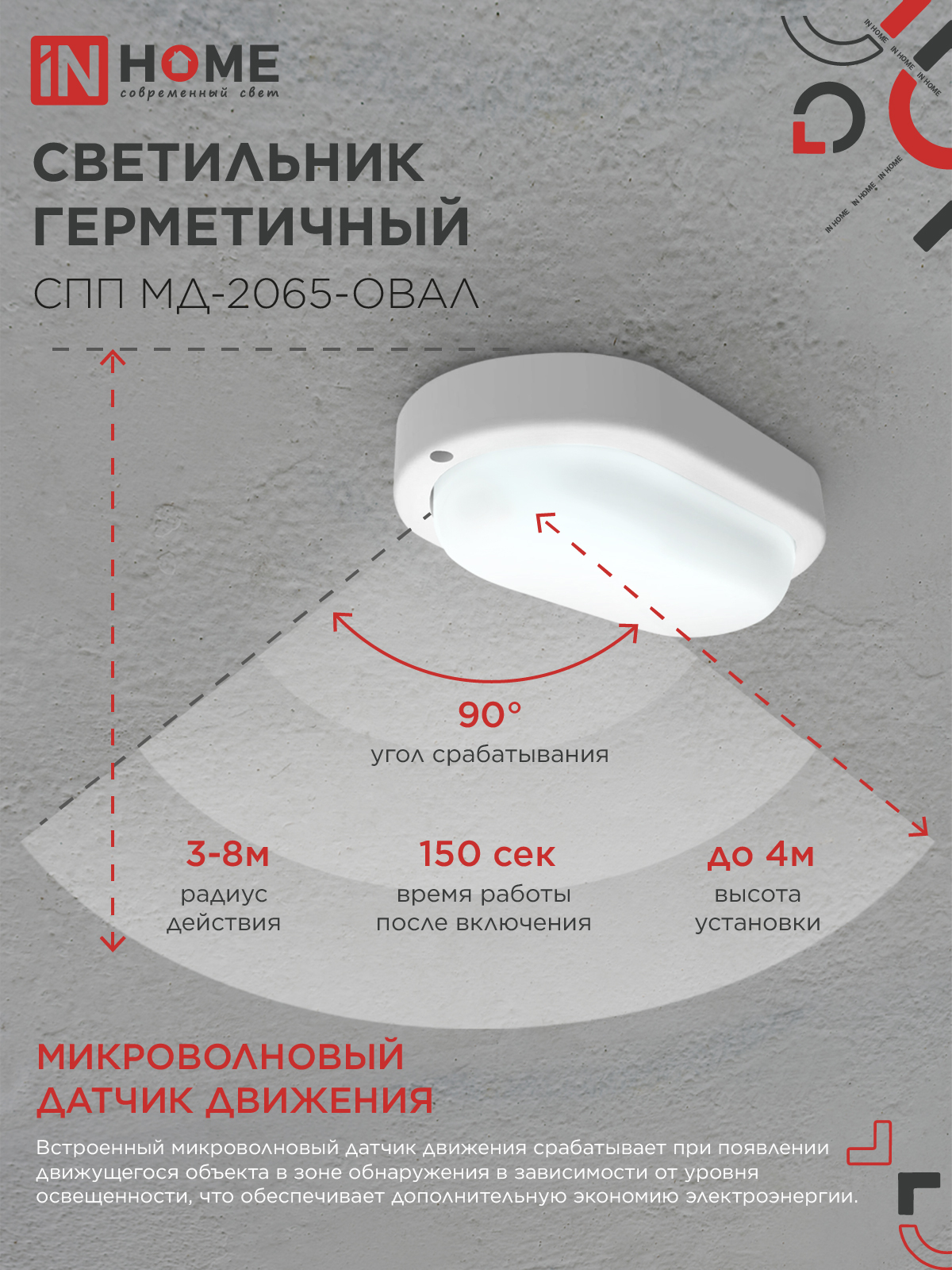 Светильник светодиодный герметичный СПП МД-2065-ОВАЛ 20Вт 6500К 1800Лм с микроволновым датчиком IP65 195х94мм IN HOME в Иркутске