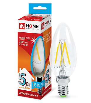 Лампа светодиодная LED-СВЕЧА-deco 5Вт 230В Е14 4000К 450Лм прозрачная IN HOME в Иркутске