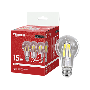 Лампа светодиодная LED-A60-deco 4PACK 15Вт 230В Е27 4000К 1480Лм (4шт./упак) прозрачная IN HOME в Иркутске
