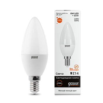 Лампа светодиодная LED-СВЕЧА 6Вт E14 3000K 420Лм Elementary GAUSS в Иркутске