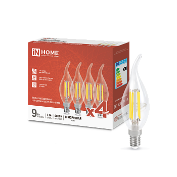 Лампа светодиодная LED-СВЕЧА НА ВЕТРУ-deco 4PACK 9Вт 230В Е14 4000К 1040Лм (4шт./упак) прозрачная IN HOME в Иркутске