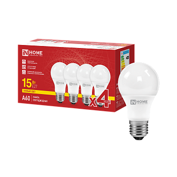Лампа светодиодная LED-A60-VC 4PACK 15Вт 230В Е27 3000К 1430Лм (4шт./упак) IN HOME в Иркутске