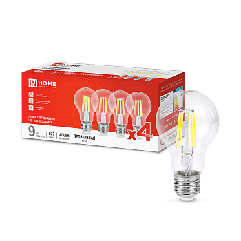Лампа светодиодная LED-A60-deco 4PACK 9Вт 230В Е27 4000К 1040Лм (4шт./упак) прозрачная IN HOME в Иркутске