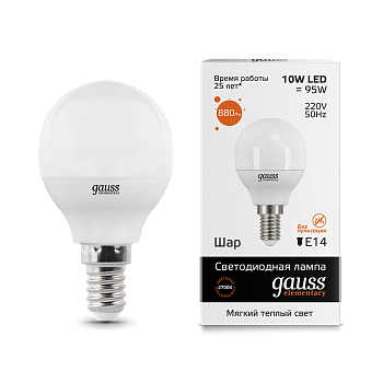 Лампа светодиодная LED-ШАР 10Вт E14 3000K 880Лм Elementary GAUSS в Иркутске