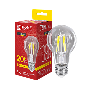 Лампа светодиодная LED-A60-deco 20Вт 230В Е27 3000К 1890Лм прозрачная IN HOME в Иркутске