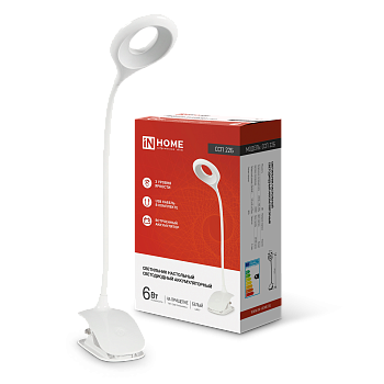 Светильник настольный светодиодный CRAFT ССП-22Б аккумулятор 6Вт 480Лм, сенсор-диммер, USB-кабель, на прищепке БЕЛЫЙ IN HOME в Иркутске