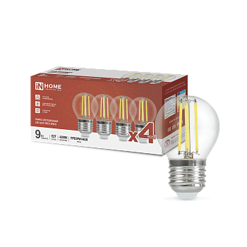 Лампа светодиодная LED-ШАР-deco 4PACK 9Вт 230В Е27 4000К 1040Лм (4шт./упак) прозрачная IN HOME в Иркутске