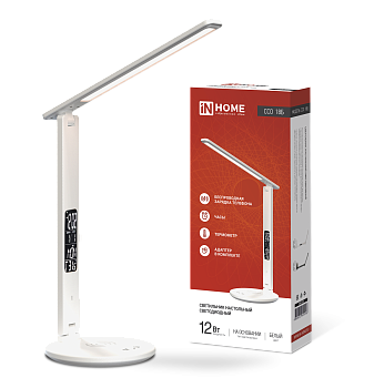 Светильник настольный светодиодный PLUS ССО-18Б 12Вт 3000-6500К 600Лм сенсор, с беспроводной зарядкой, часы, температура, с адаптером БЕЛЫЙ IN HOME в Иркутске