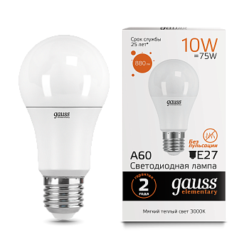 Лампа светодиодная LED-A60 10Вт E27 3000K 880Лм Elementary GAUSS в Иркутске