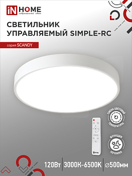 Светильник светодиодный SCANDY SIMPLE-120RCW 120Вт 230В 3000-6500K 9600Лм 500x50мм с пультом ДУ белый IN HOME в Иркутске