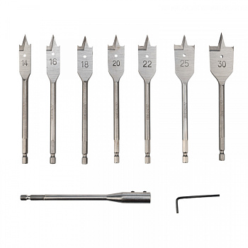 Набор сверл перовых по дереву (9 предметов):14-16-18-20-22-25-30х152мм, удлин., ключ угловой KRANZ в Иркутске