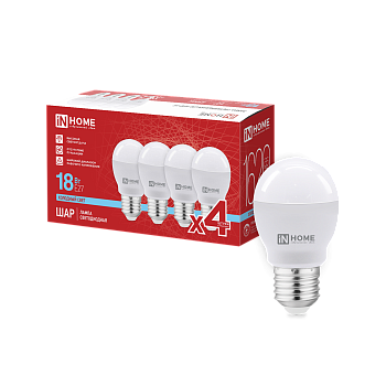 Лампа светодиодная LED-ШАР-VC 4PACK 18Вт 230В Е27 6500К 1620Лм (4шт./упак) IN HOME в Иркутске